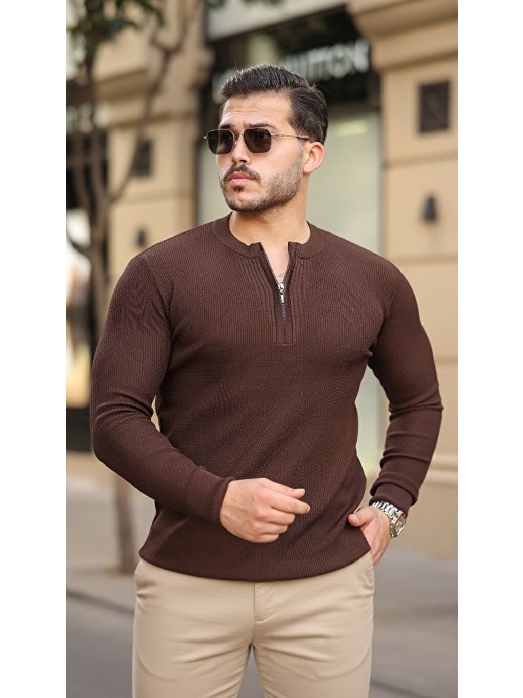 Kahverengi Erkek Fermuarlı Bisiklet Yaka Dokulu Uzun Kollu Triko-4
