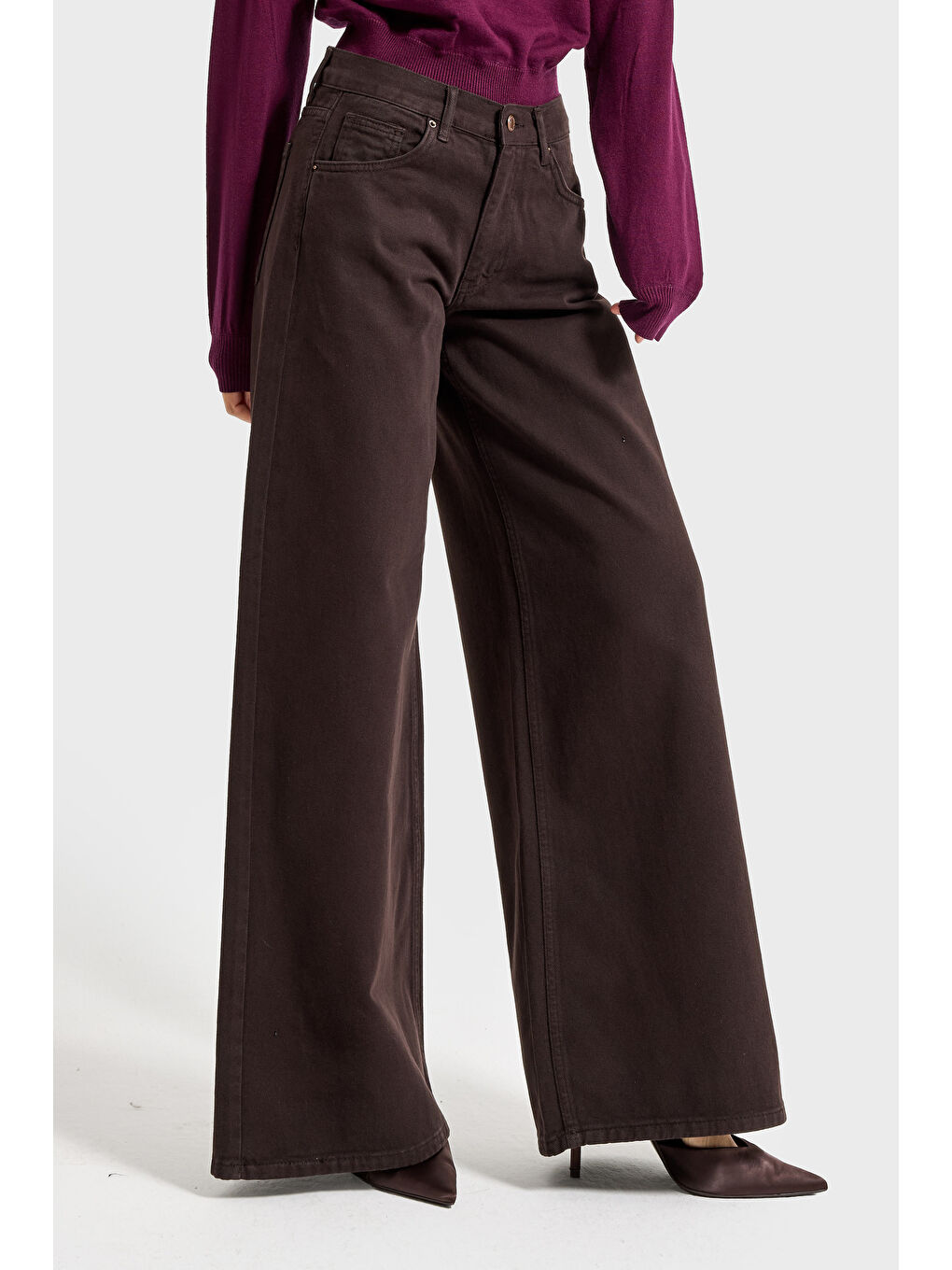 Kahverengi Kadın Acı Kahve Hera 6w5-81 Palazzo Fit %100 Pamuk Denim Jean-3