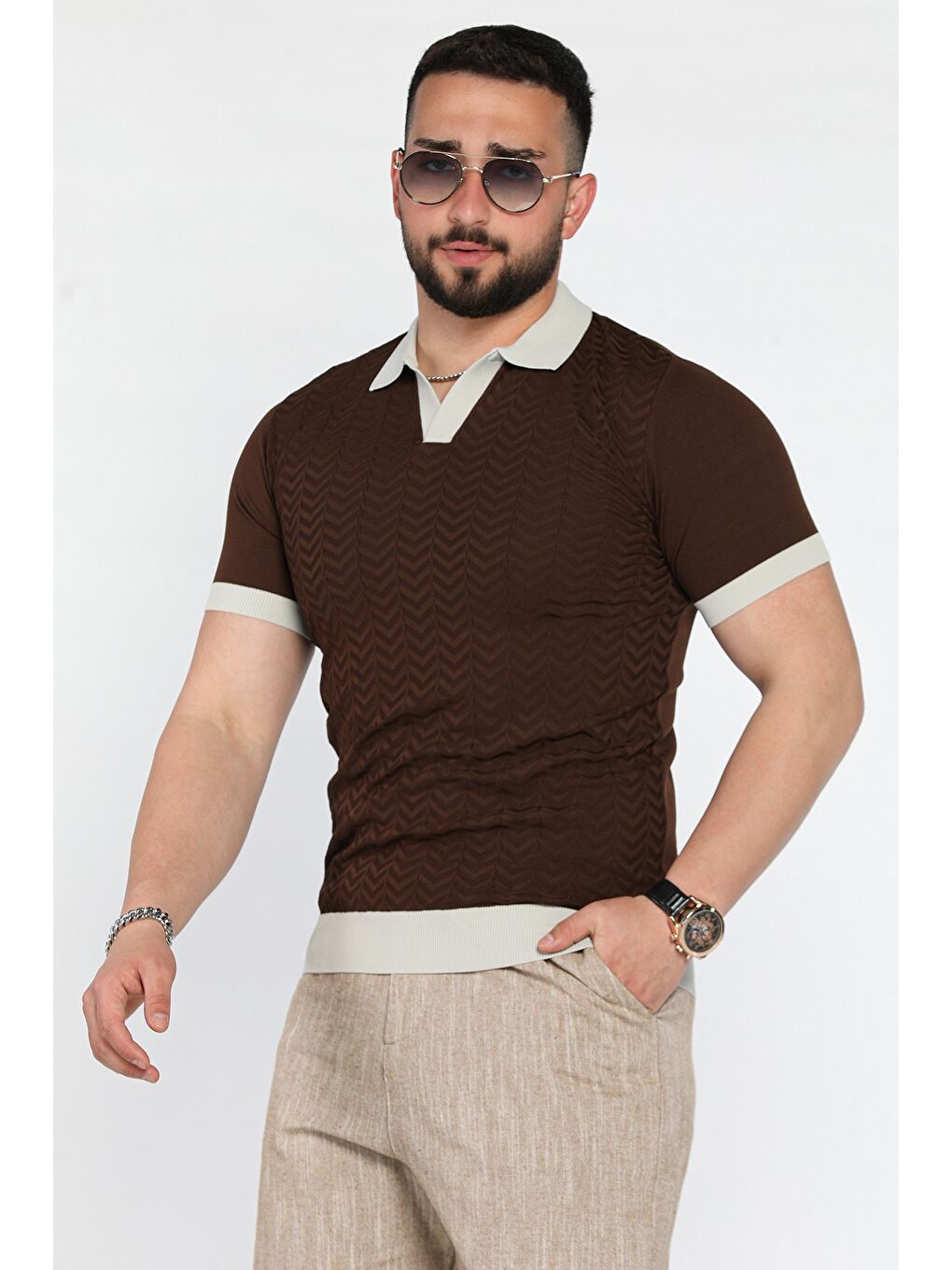 Kahverengi Polo Yaka Erkek Triko Tişört-1