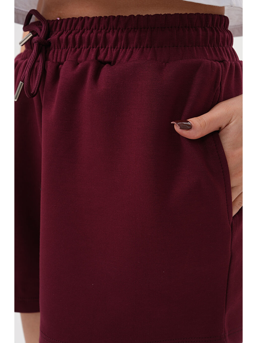 Bordo Kadın Modal Şort Beli Lastikli Cepli Şort MODAL-ŞORT-4