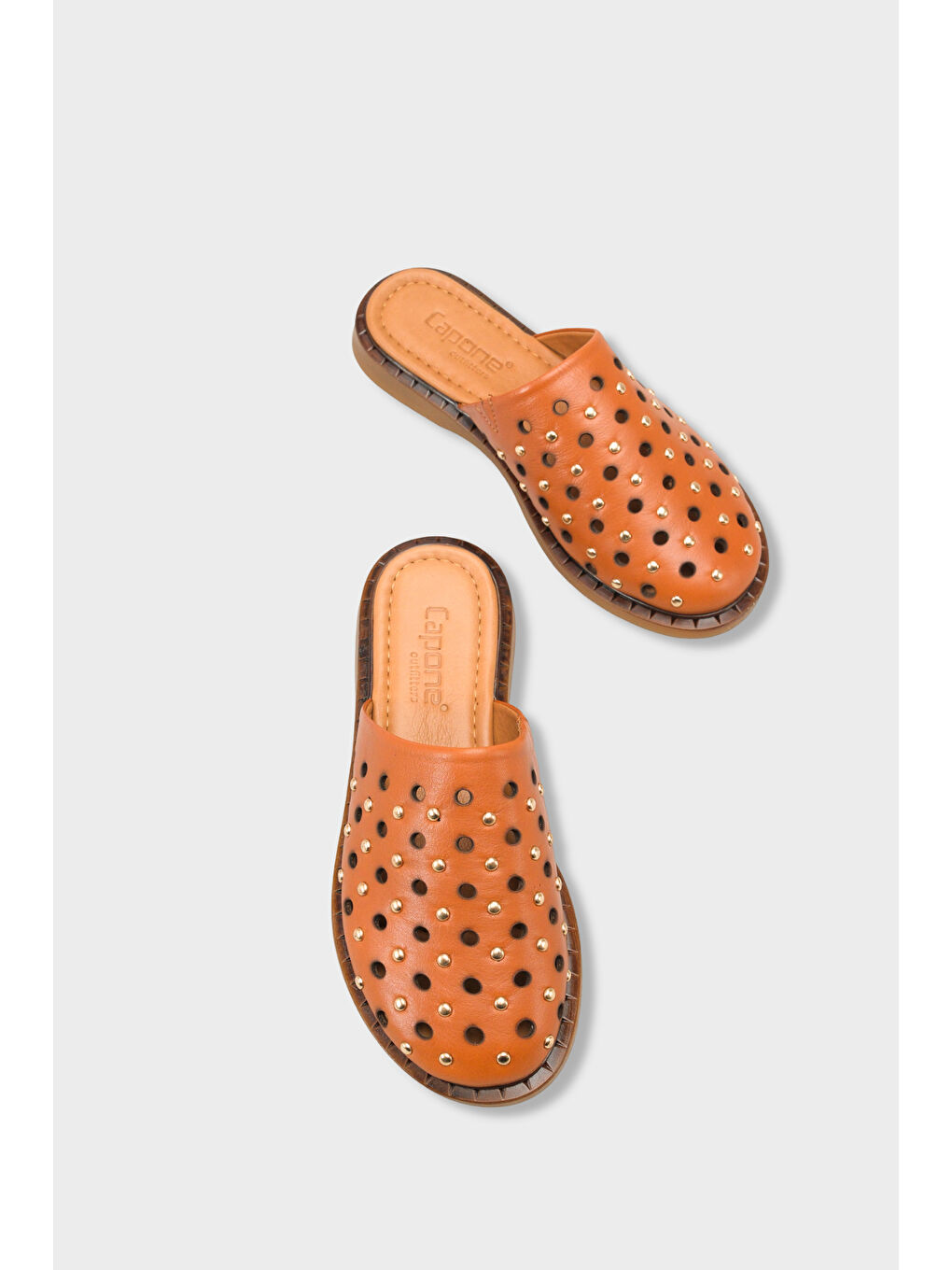 Kahverengi Lidia Hakiki Deri Düz Topuklu Zımbalı Kadın Sabo Terlik-5