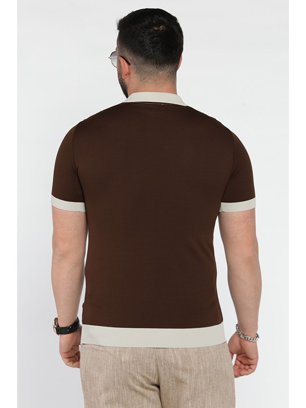 Kahverengi Polo Yaka Erkek Triko Tişört-2