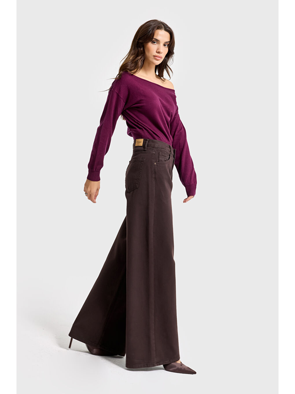 Kahverengi Kadın Acı Kahve Hera 6w5-81 Palazzo Fit %100 Pamuk Denim Jean-4