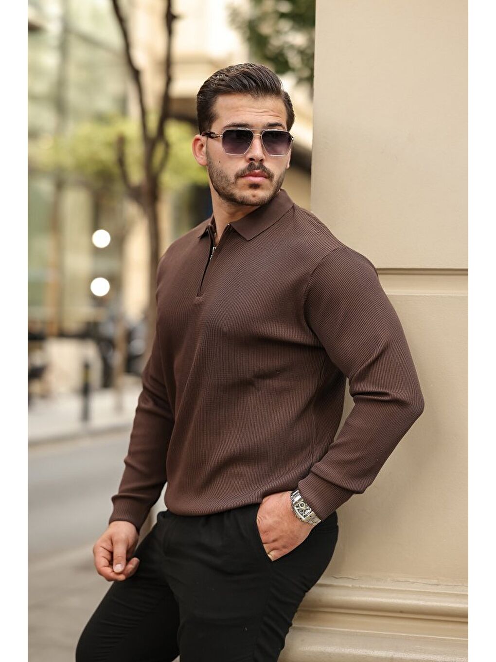 Kahverengi Erkek Selanik örme Yakalı Uzun Kollu Triko-1
