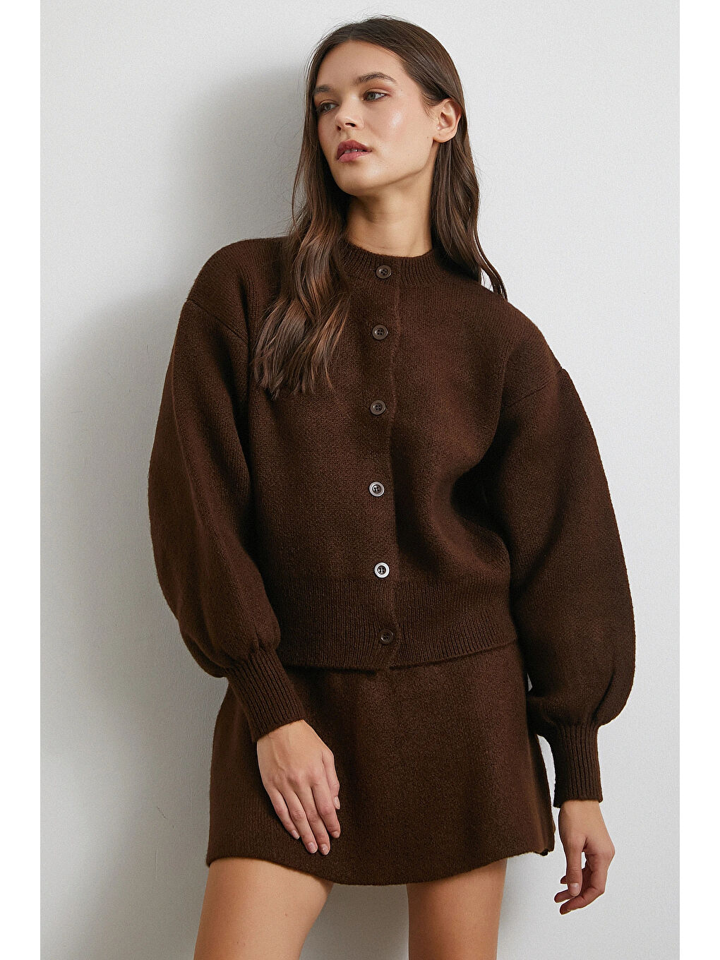 Karışık Hırka Etek Triko Takım Kahve