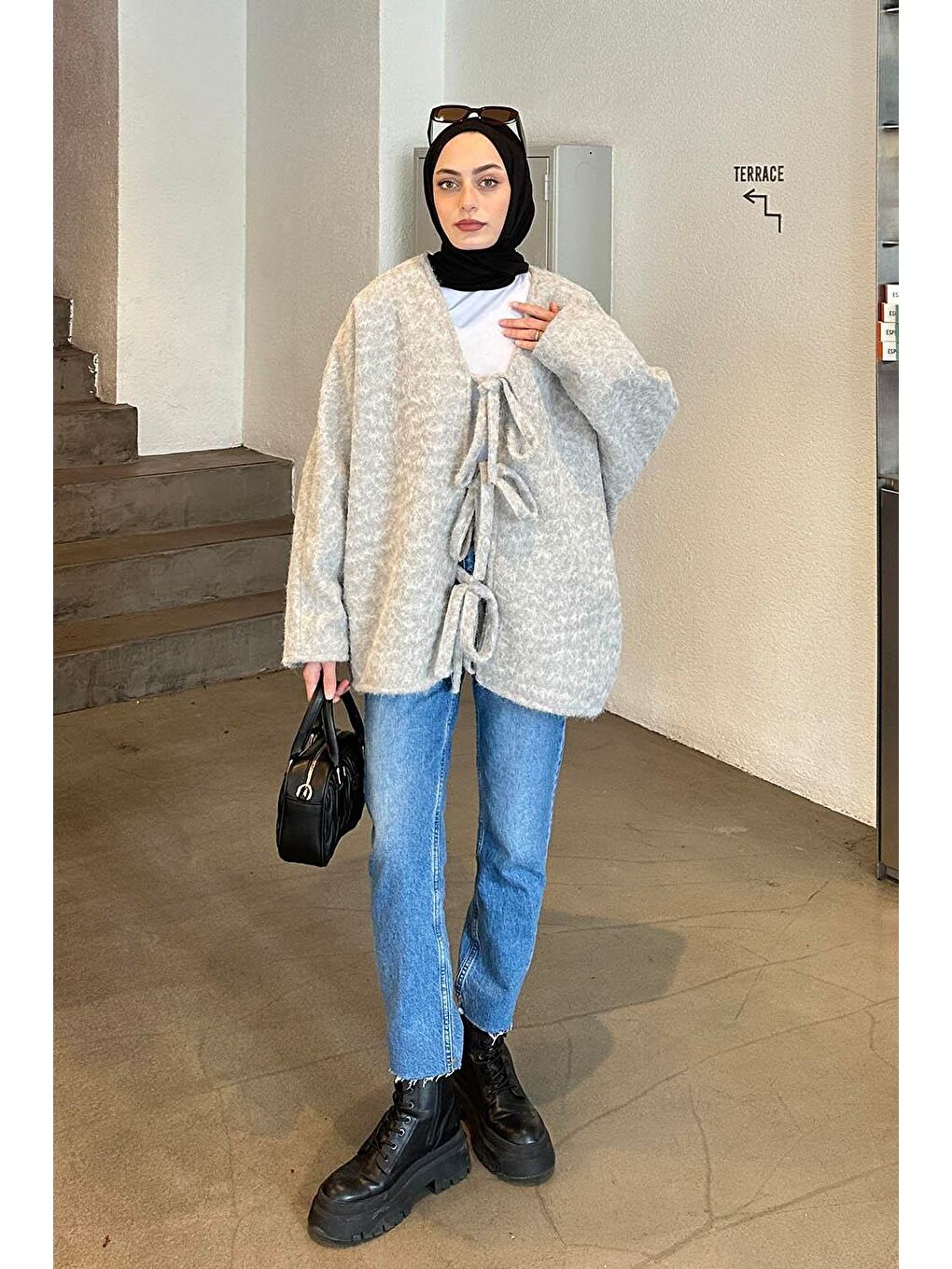 Bağlamalı Kaşe Kimono Gri