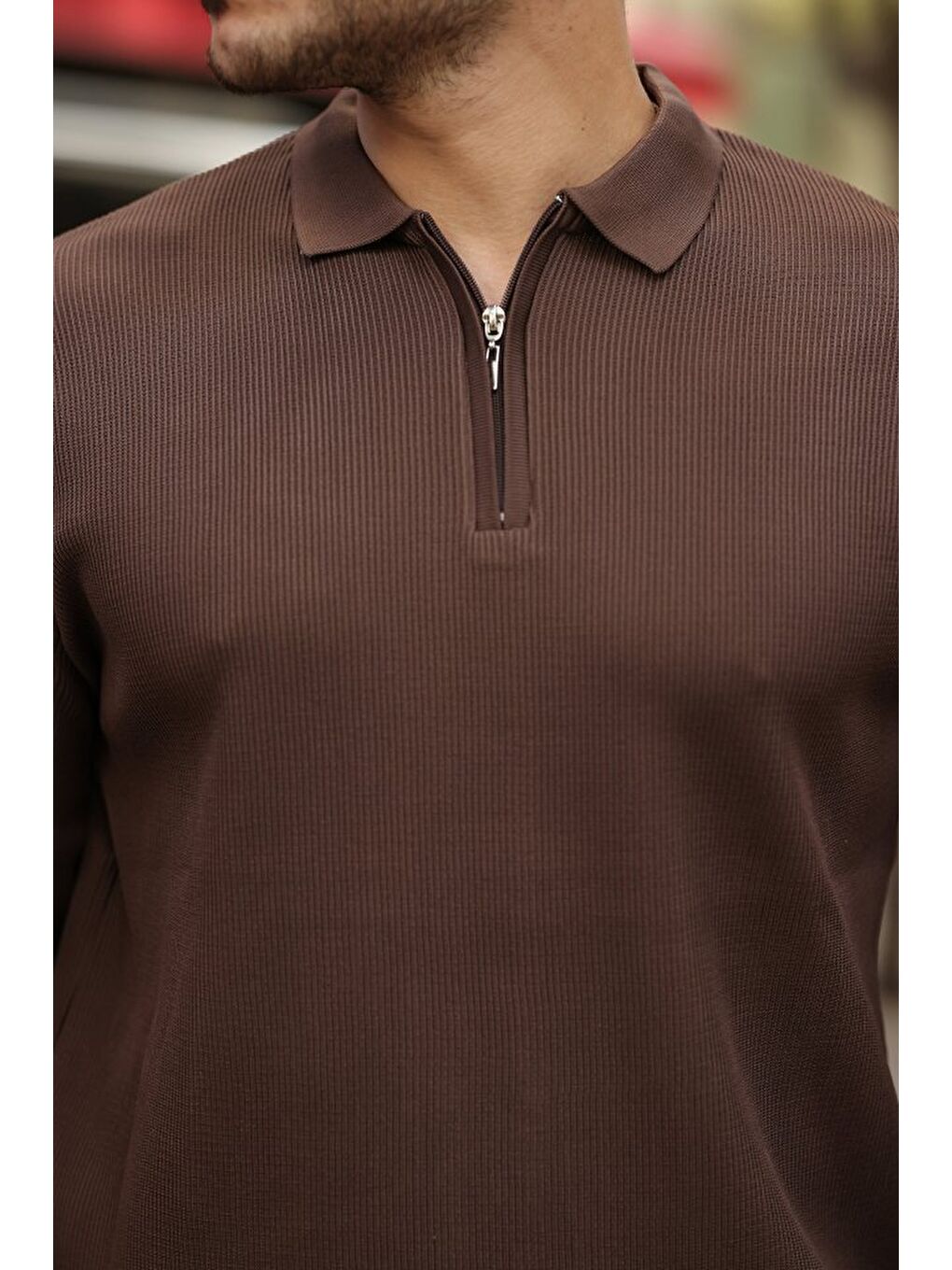 Kahverengi Erkek Selanik örme Yakalı Uzun Kollu Triko-2