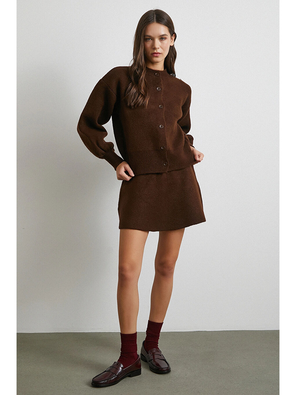 Karışık Hırka Etek Triko Takım Kahve-1