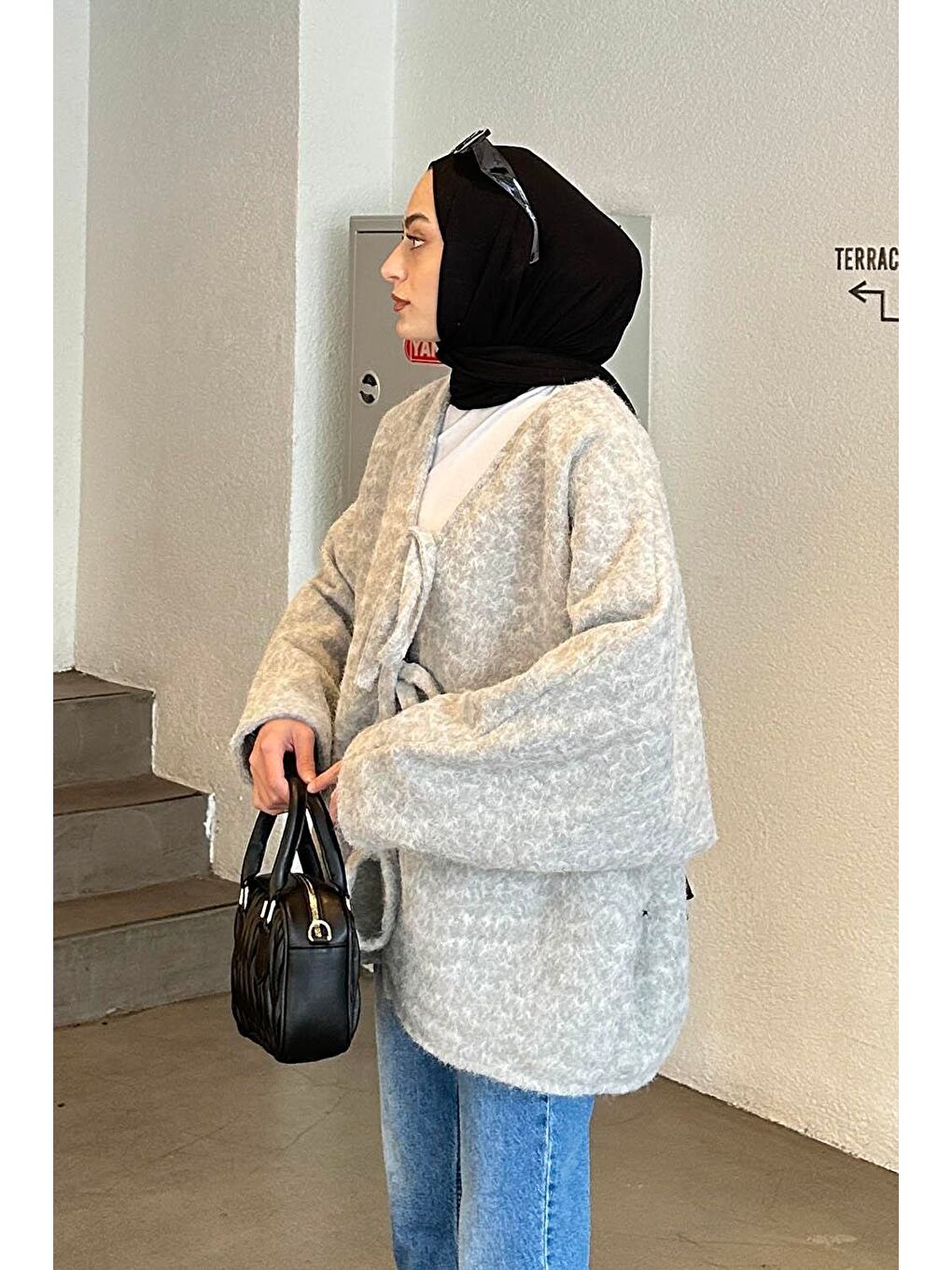 Bağlamalı Kaşe Kimono Gri-1