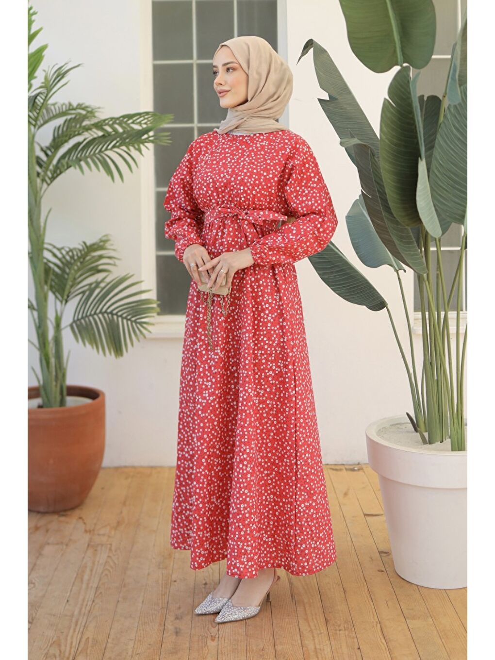 Kırmızı Desenli Kolu Büzgülü Elbise Kirmizi - 26622-2