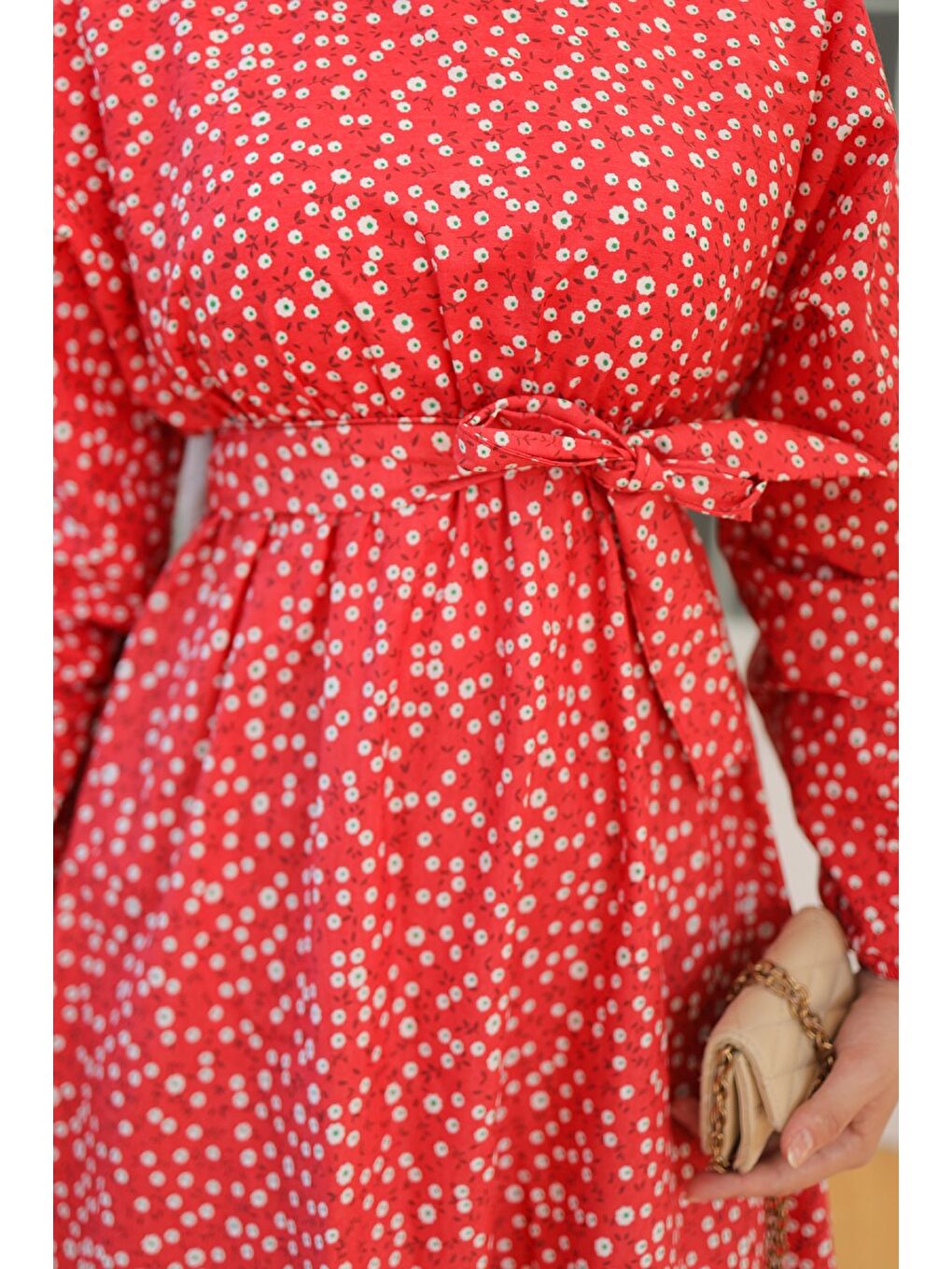 Kırmızı Desenli Kolu Büzgülü Elbise Kirmizi - 26622-4