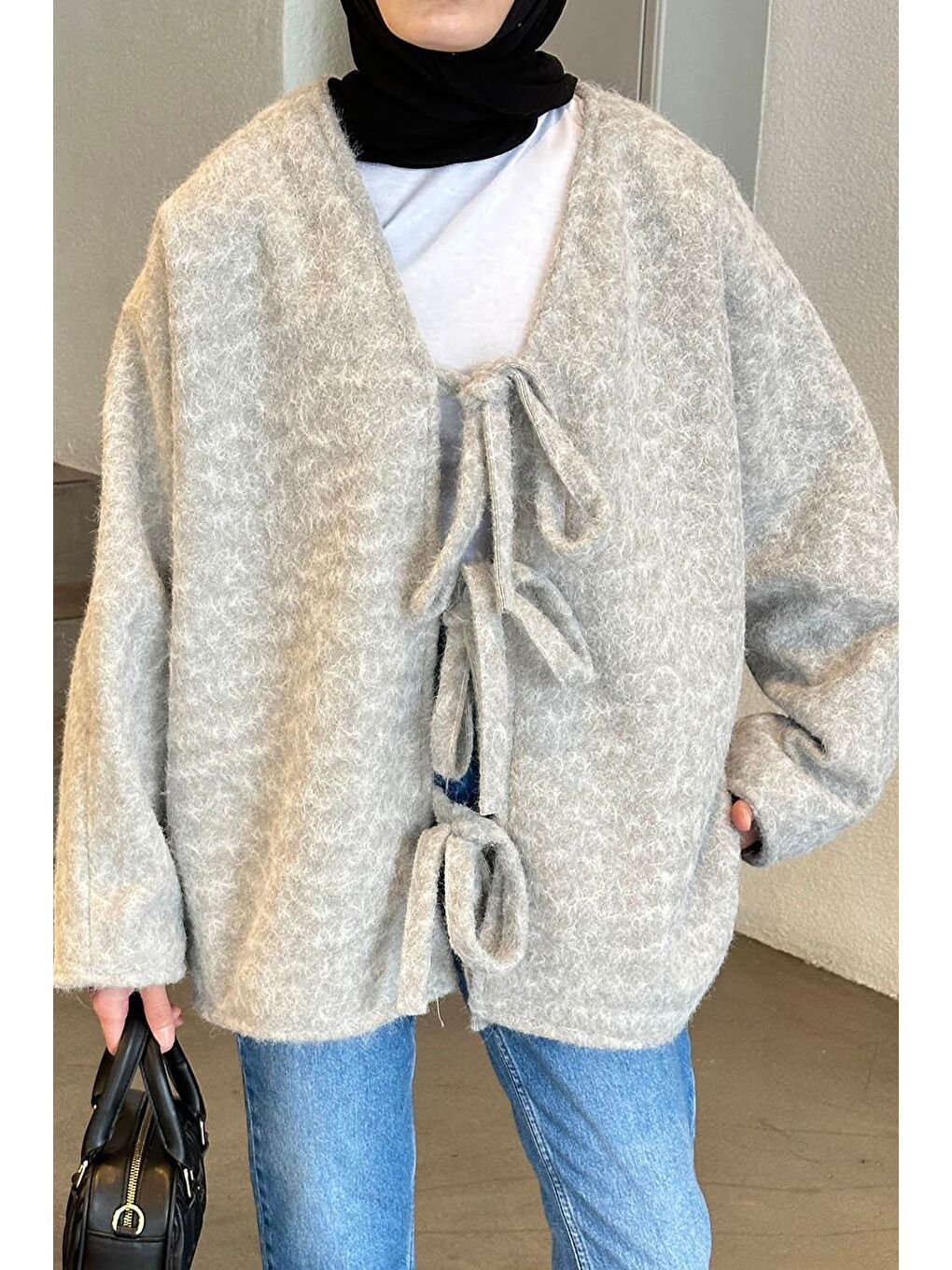 Bağlamalı Kaşe Kimono Gri-2