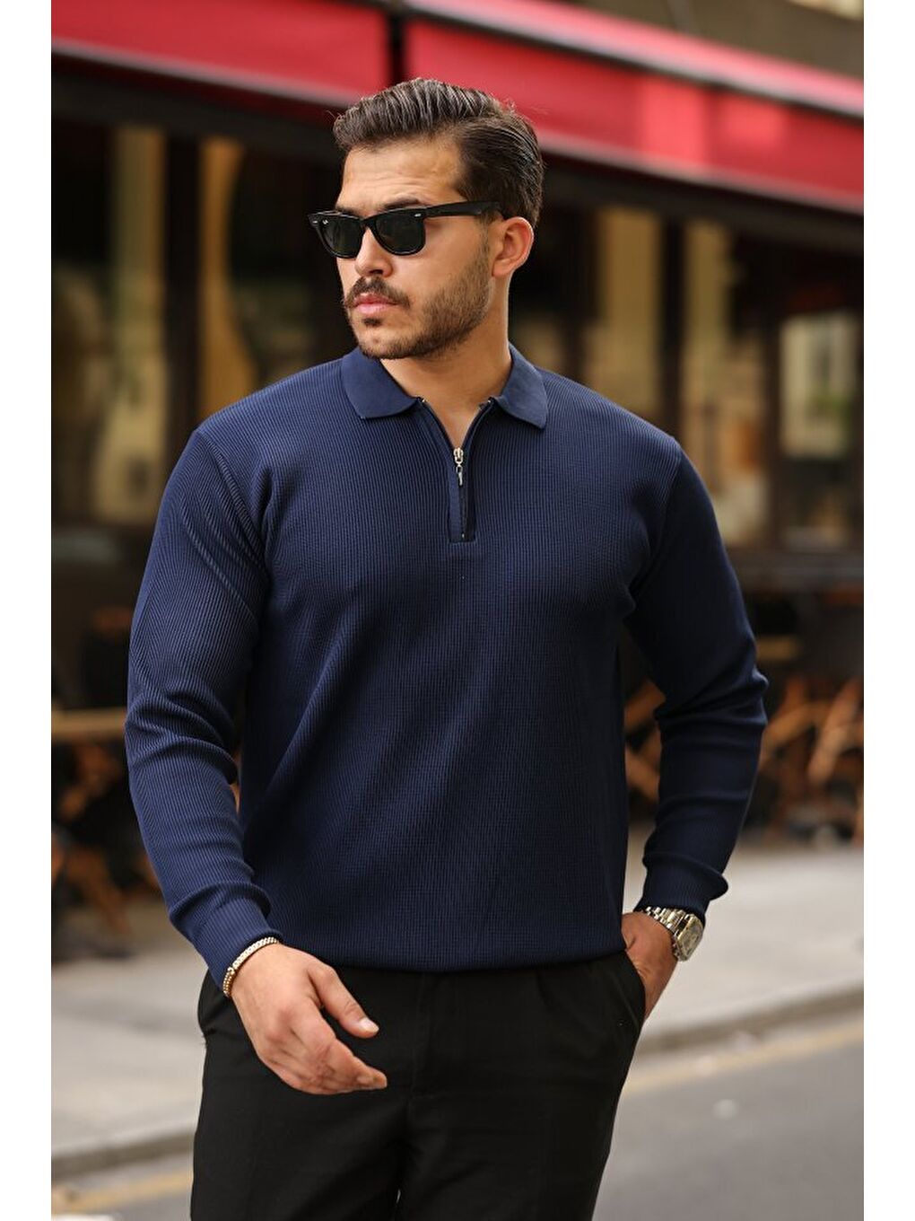 Lacivert Erkek Selanik örme Yakalı Uzun Kollu Triko