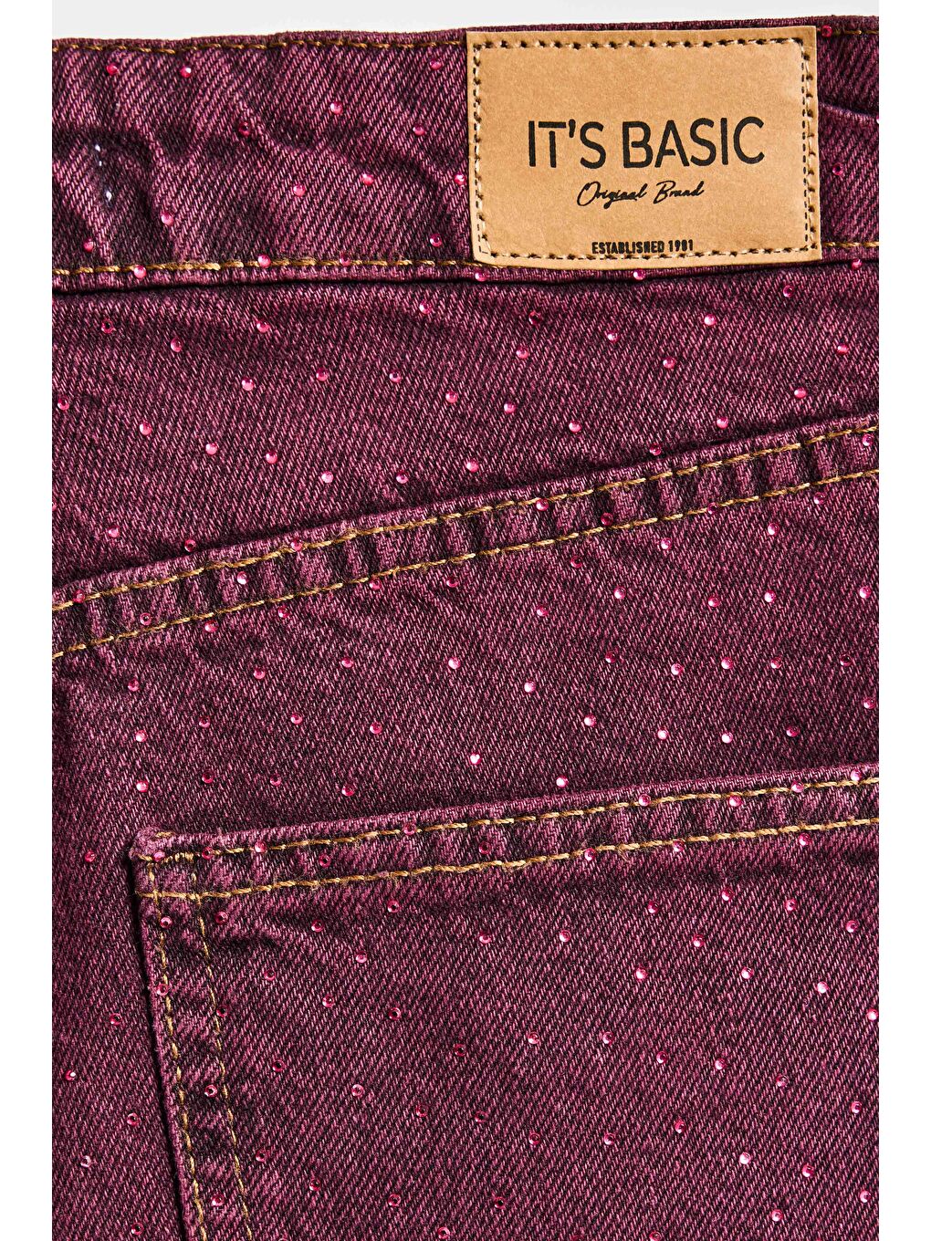 Kadın Bordo Renk T3-20w5-98 Straight Fit Yüksek Bel Ön ve Arka Parlak Taşlı Özel Tasarım Denim Jean-2