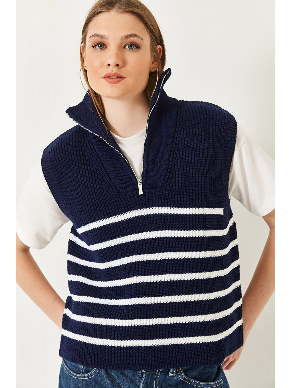 Lacivert Kadın Fermuarlı Selanik Örgü Triko Süveter-1