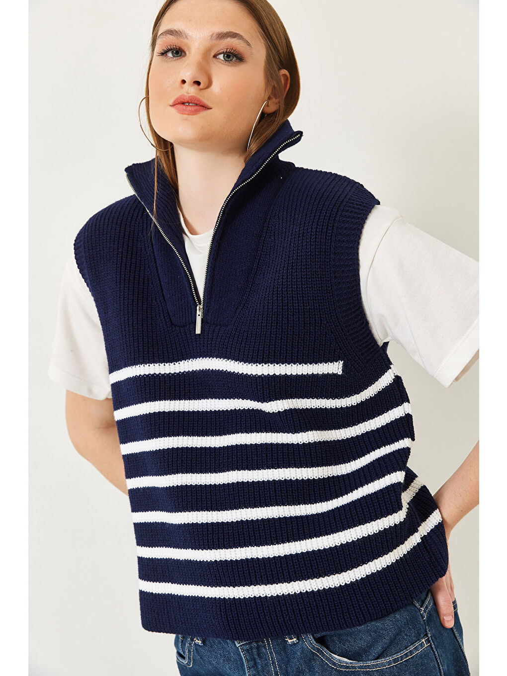 Lacivert Kadın Fermuarlı Selanik Örgü Triko Süveter-2