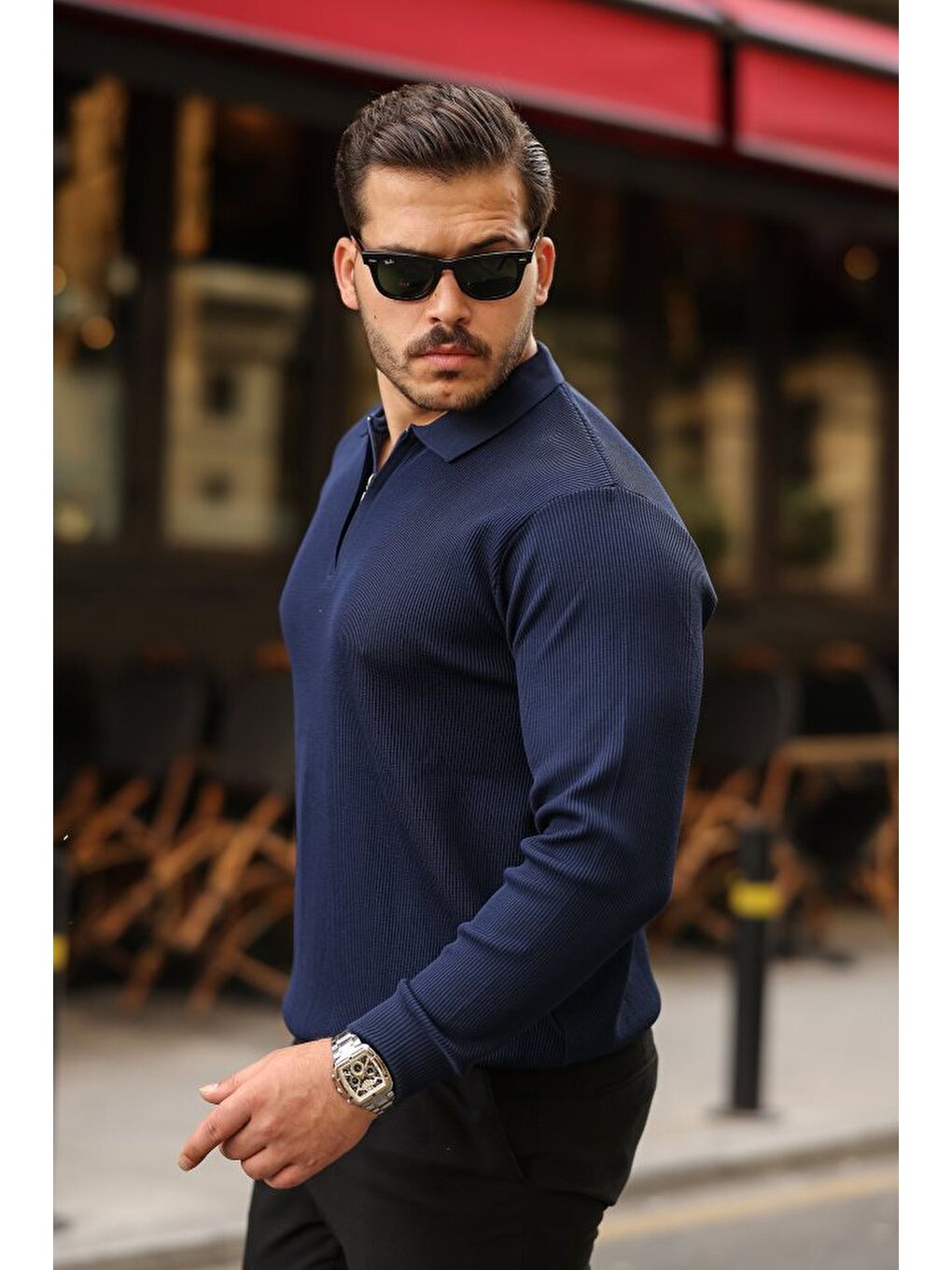 Lacivert Erkek Selanik örme Yakalı Uzun Kollu Triko-1