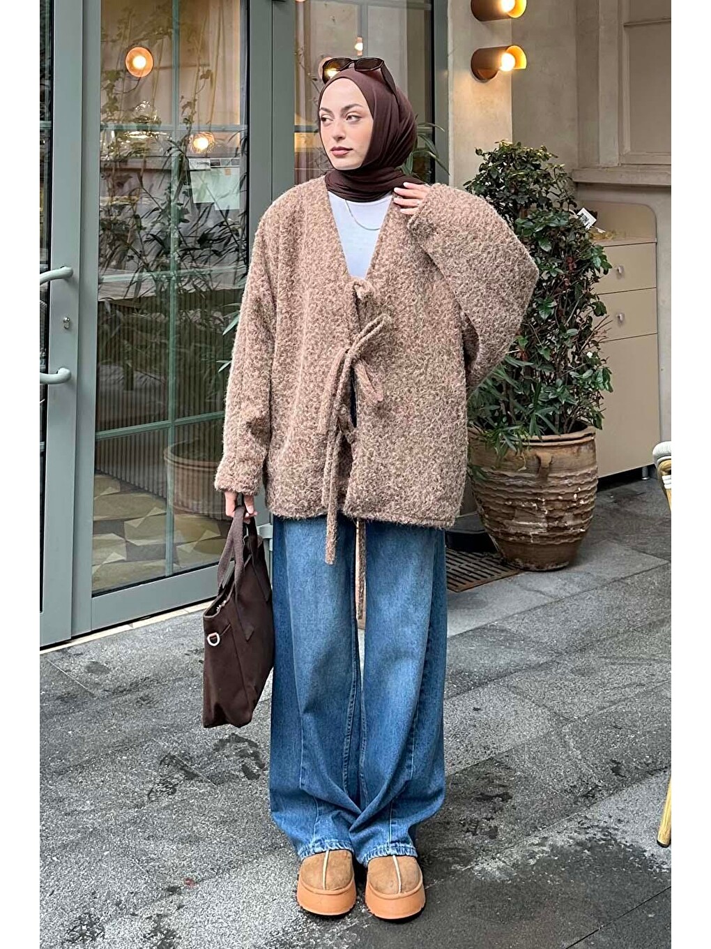 Bağlamalı Kaşe Kimono Kahverengi