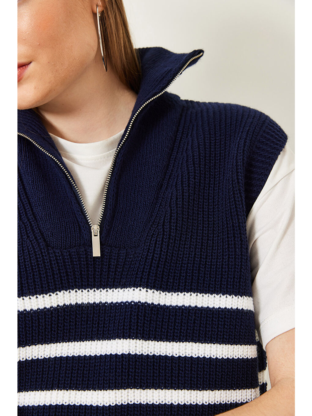 Lacivert Kadın Fermuarlı Selanik Örgü Triko Süveter-4