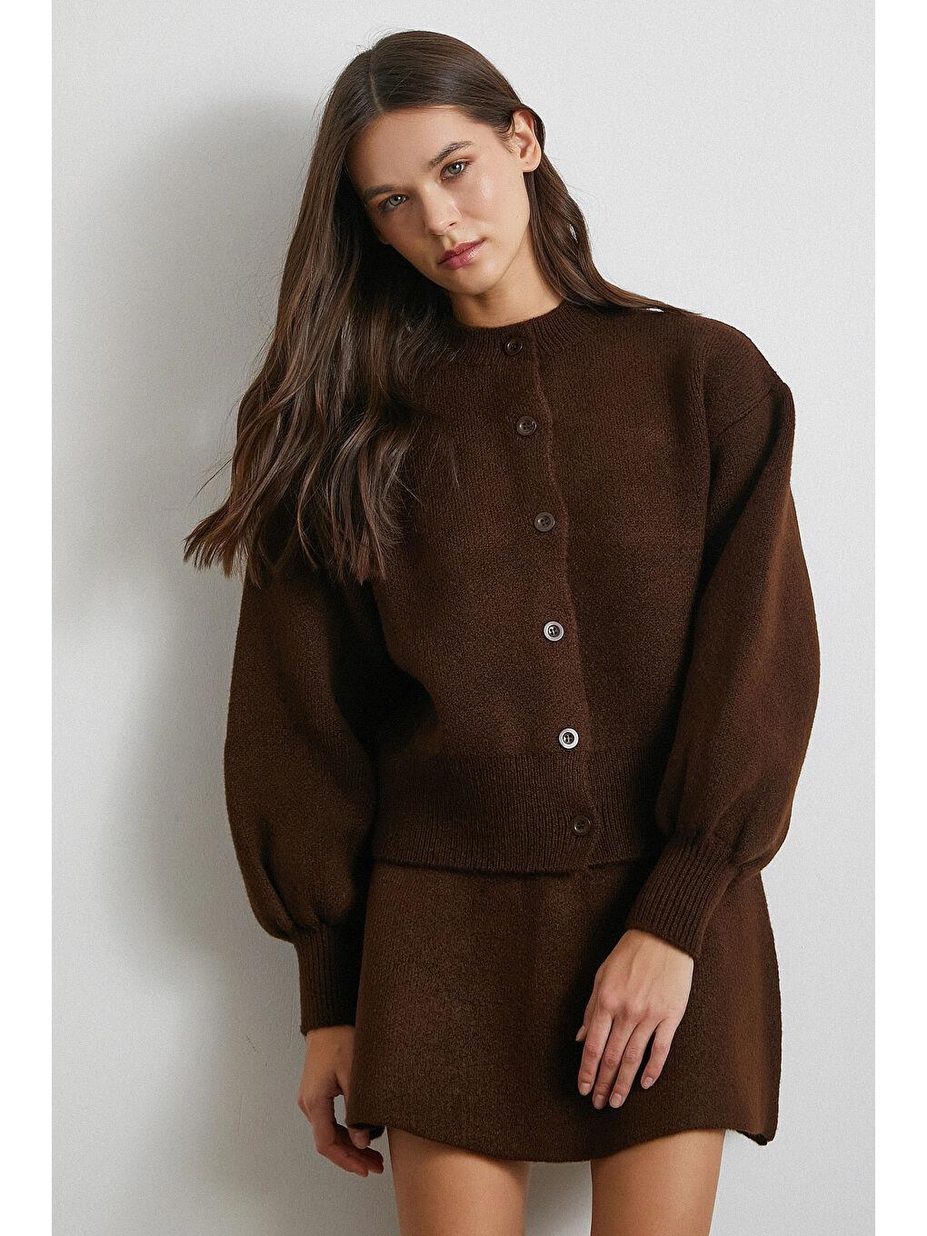 Karışık Hırka Etek Triko Takım Kahve-3