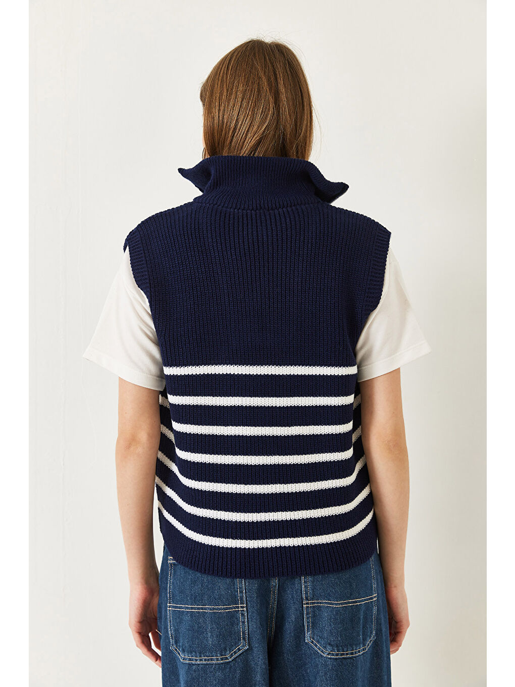 Lacivert Kadın Fermuarlı Selanik Örgü Triko Süveter-5