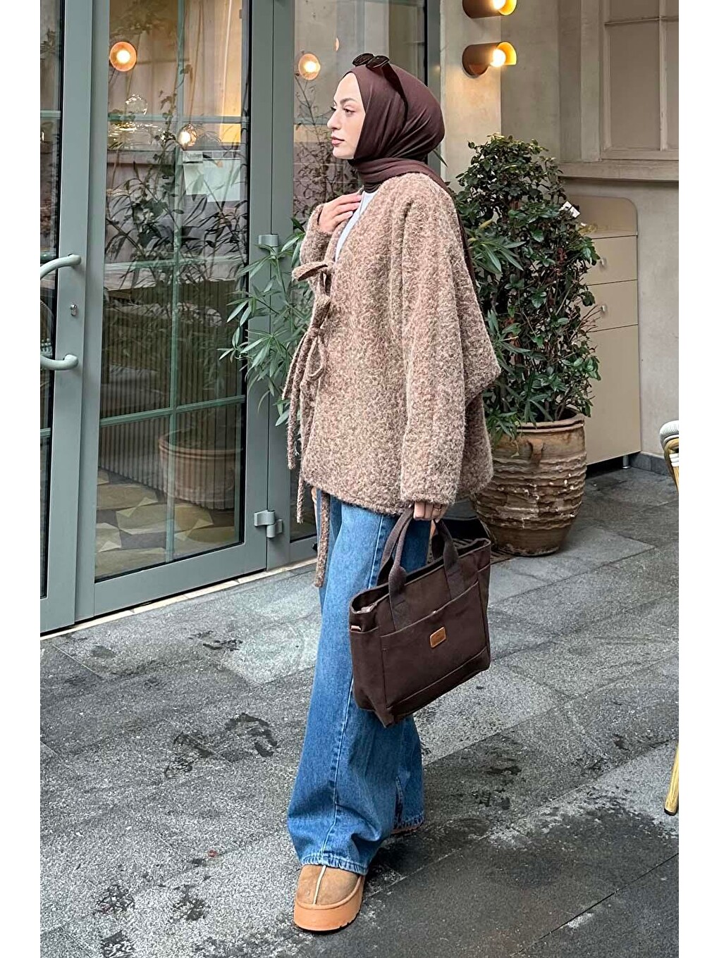 Bağlamalı Kaşe Kimono Kahverengi-1