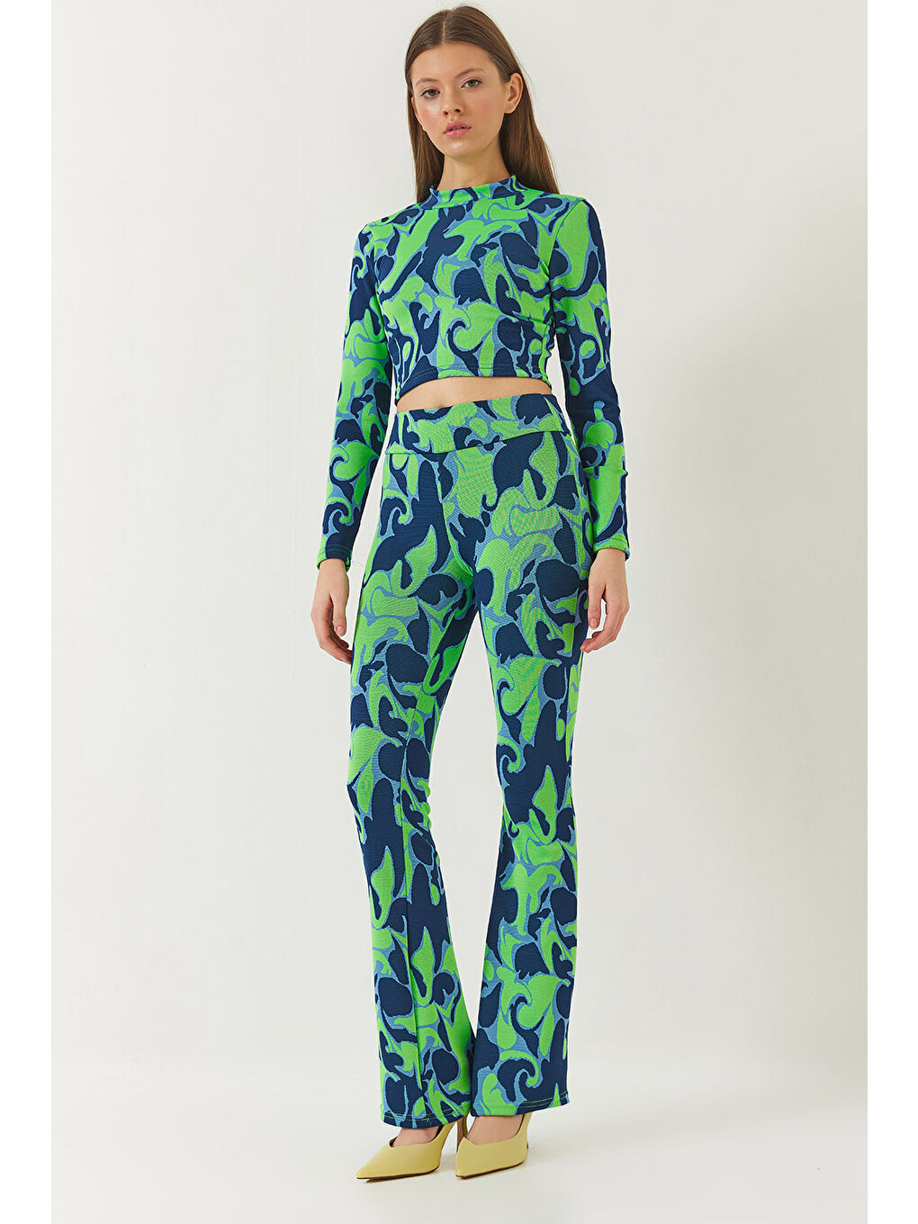 Lacivert Kadın Yarım Balıkçı Yaka Uzun Kollu Crop Beli Lastikli Pantolonlu Alt-Üst Takım