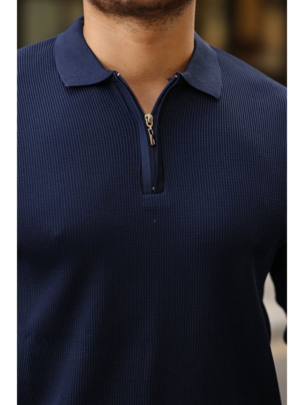 Lacivert Erkek Selanik örme Yakalı Uzun Kollu Triko-2