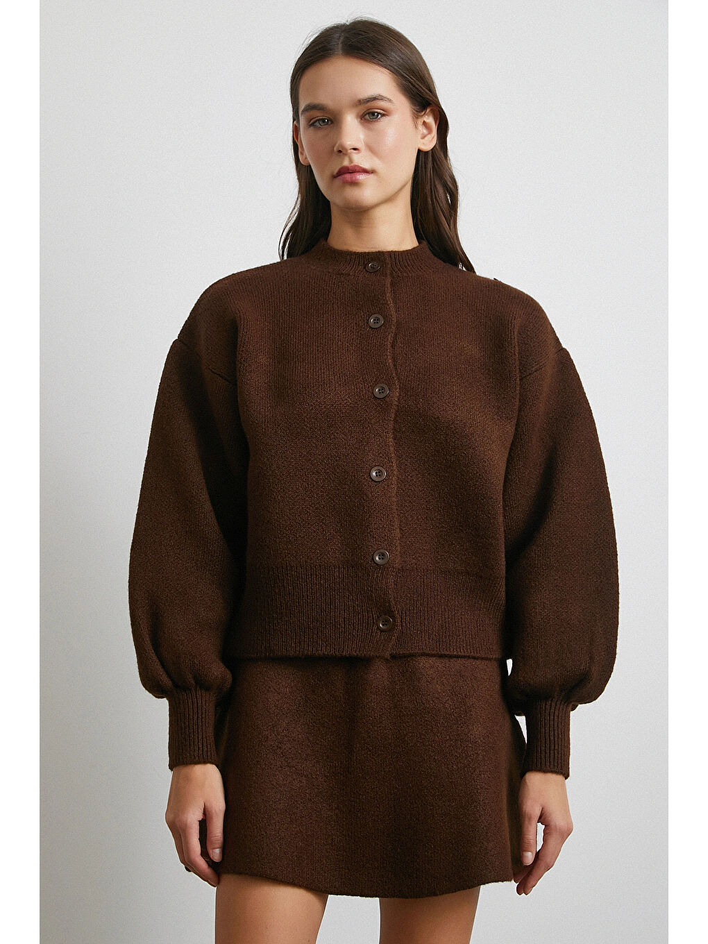 Karışık Hırka Etek Triko Takım Kahve-4