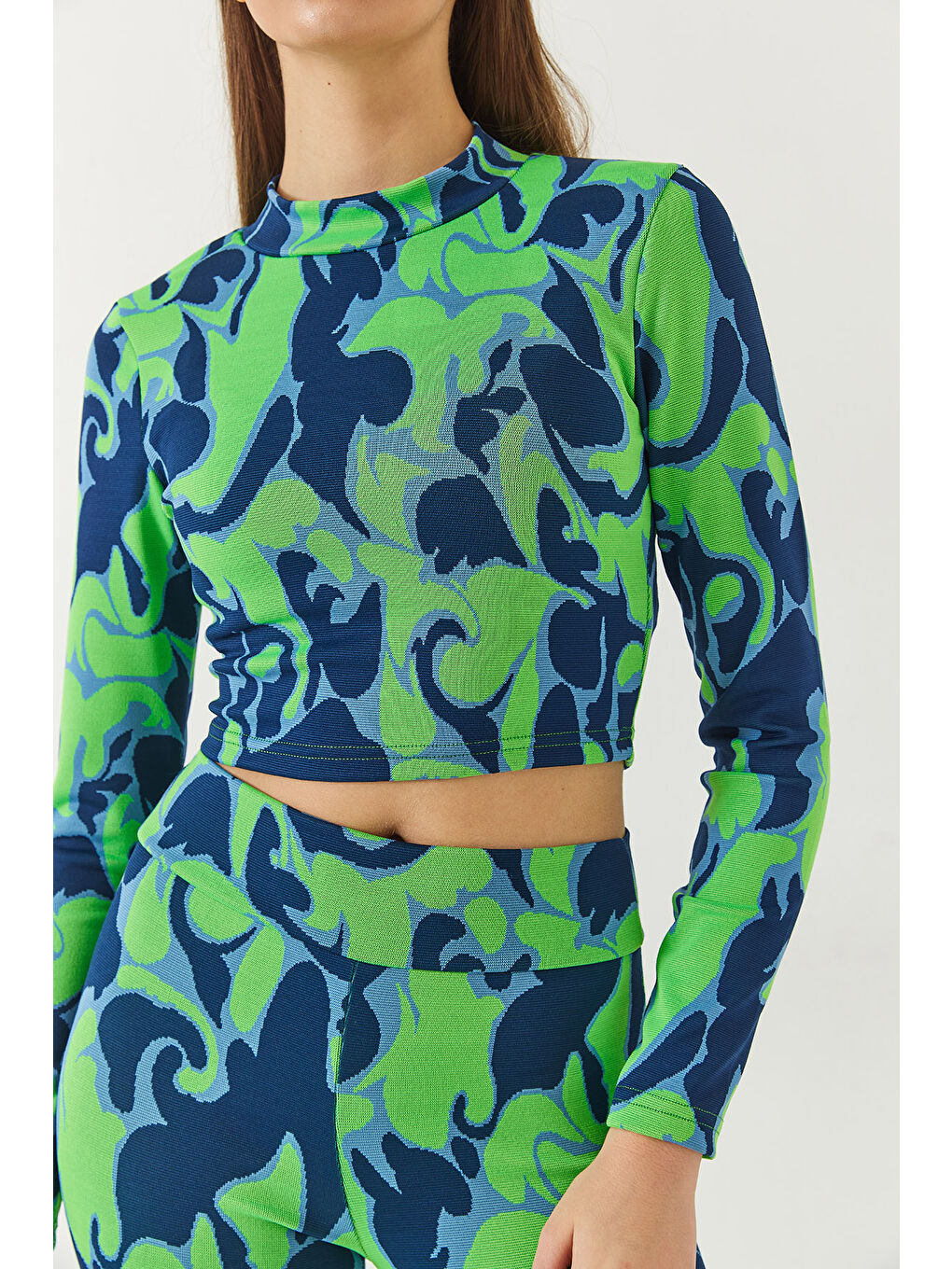 Lacivert Kadın Yarım Balıkçı Yaka Uzun Kollu Crop Beli Lastikli Pantolonlu Alt-Üst Takım-3