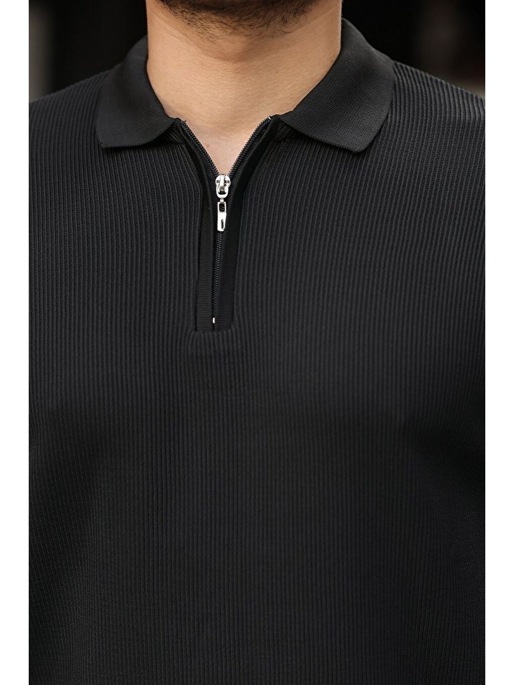 Siyah Erkek Selanik örme Yakalı Uzun Kollu Triko-2