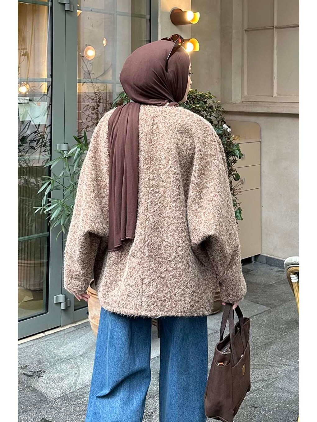 Bağlamalı Kaşe Kimono Kahverengi-3