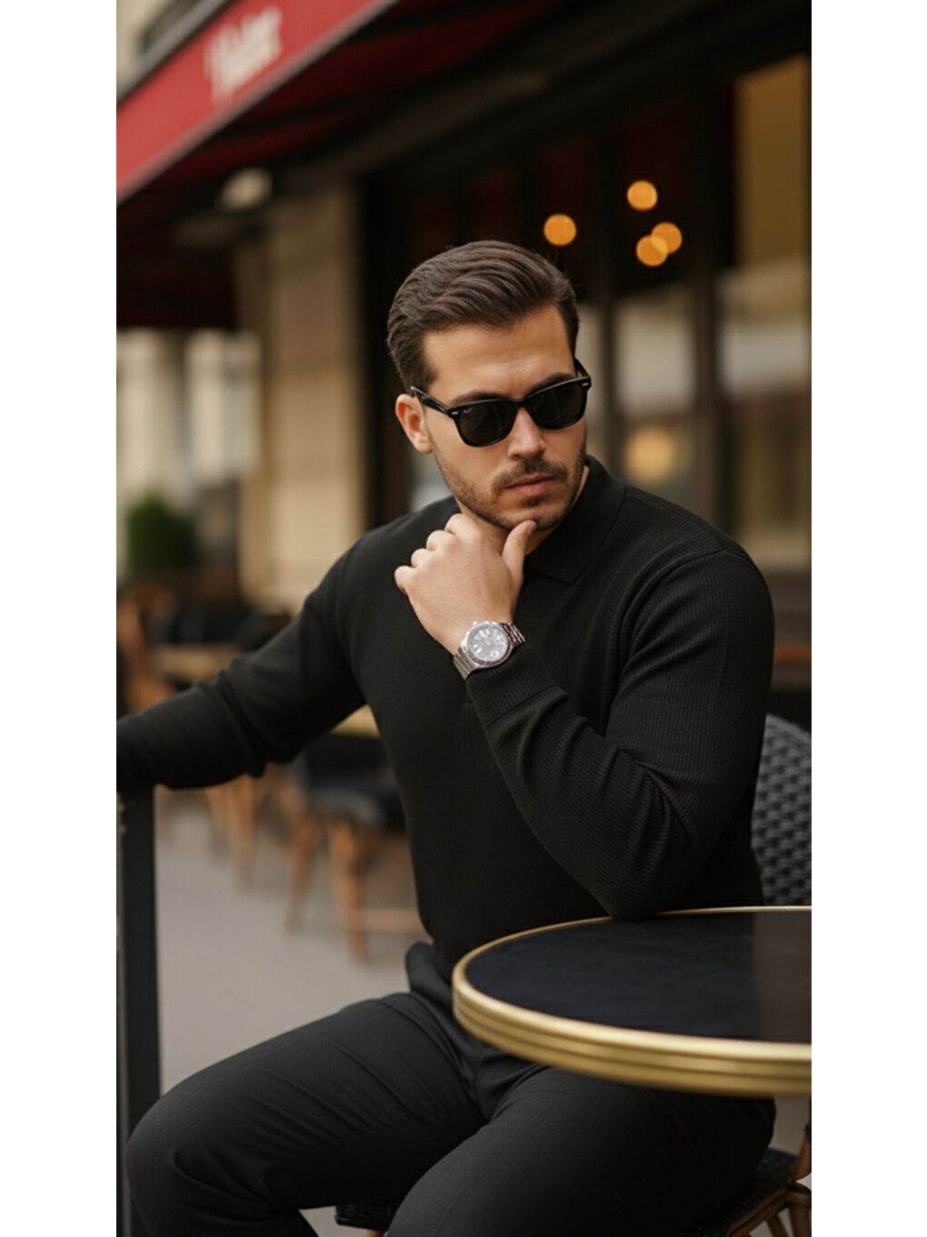 Siyah Erkek Selanik örme Yakalı Uzun Kollu Triko-3