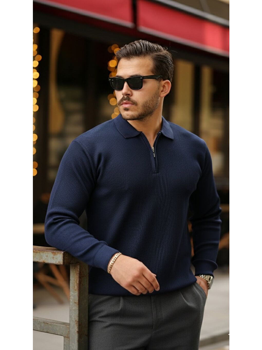 Lacivert Erkek Selanik örme Yakalı Uzun Kollu Triko-4