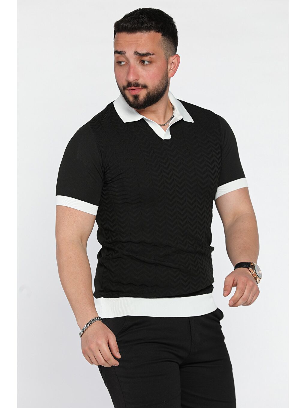 Siyah Polo Yaka Erkek Triko Tişört-1