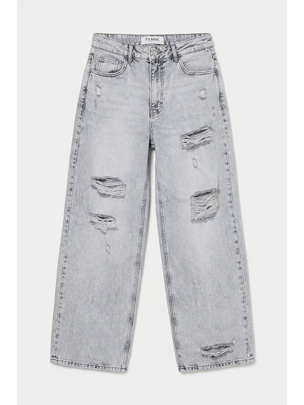 Kadın Gri 12s6-12 Süper Baggy Fit Yırtık ve Nakış Detaylı Özel Tasarım Denim Jean-4