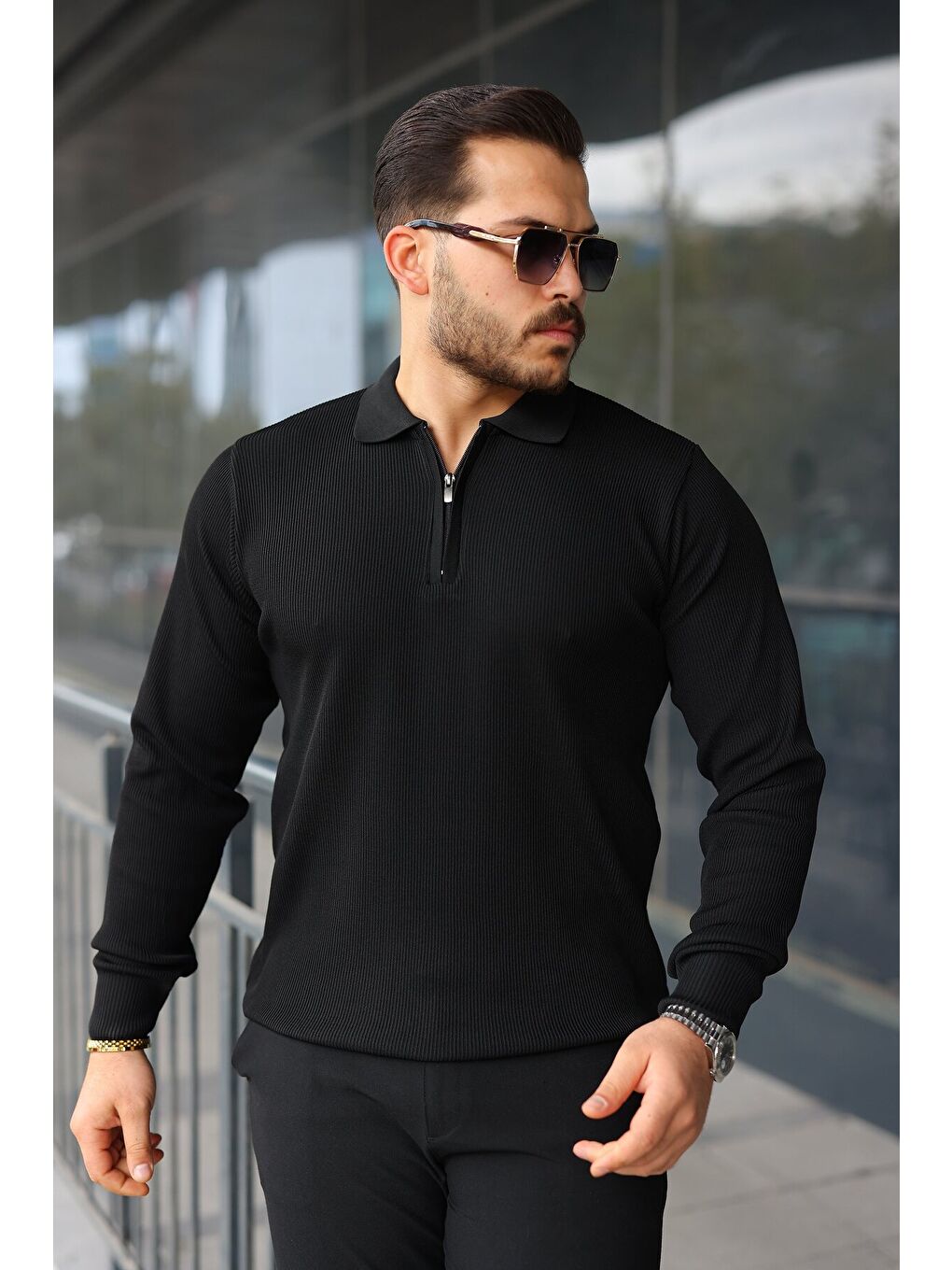Siyah Erkek Selanik örme Yakalı Uzun Kollu Triko-4