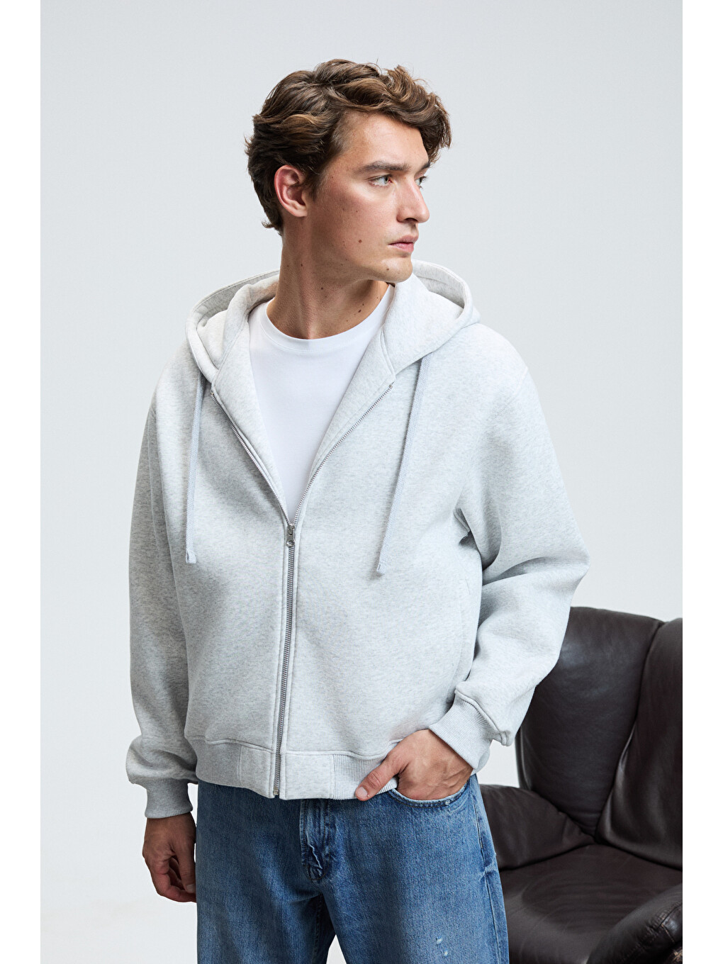 Ashby Erkek Kapüşonlu Fermuarlı Cepli Kordonlu Boxy Kalıp Gri Melanj Sweatshirt-1