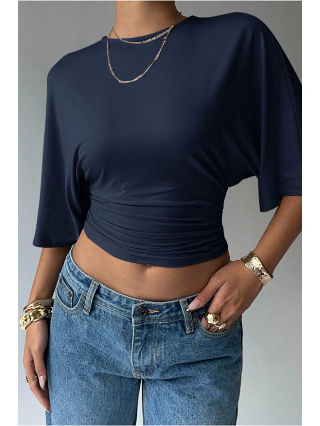 Lacivert Kadın Crop Bluz Yarım Kol Salaş Fit Yüksek Bel Büzgülü Basic Tişört