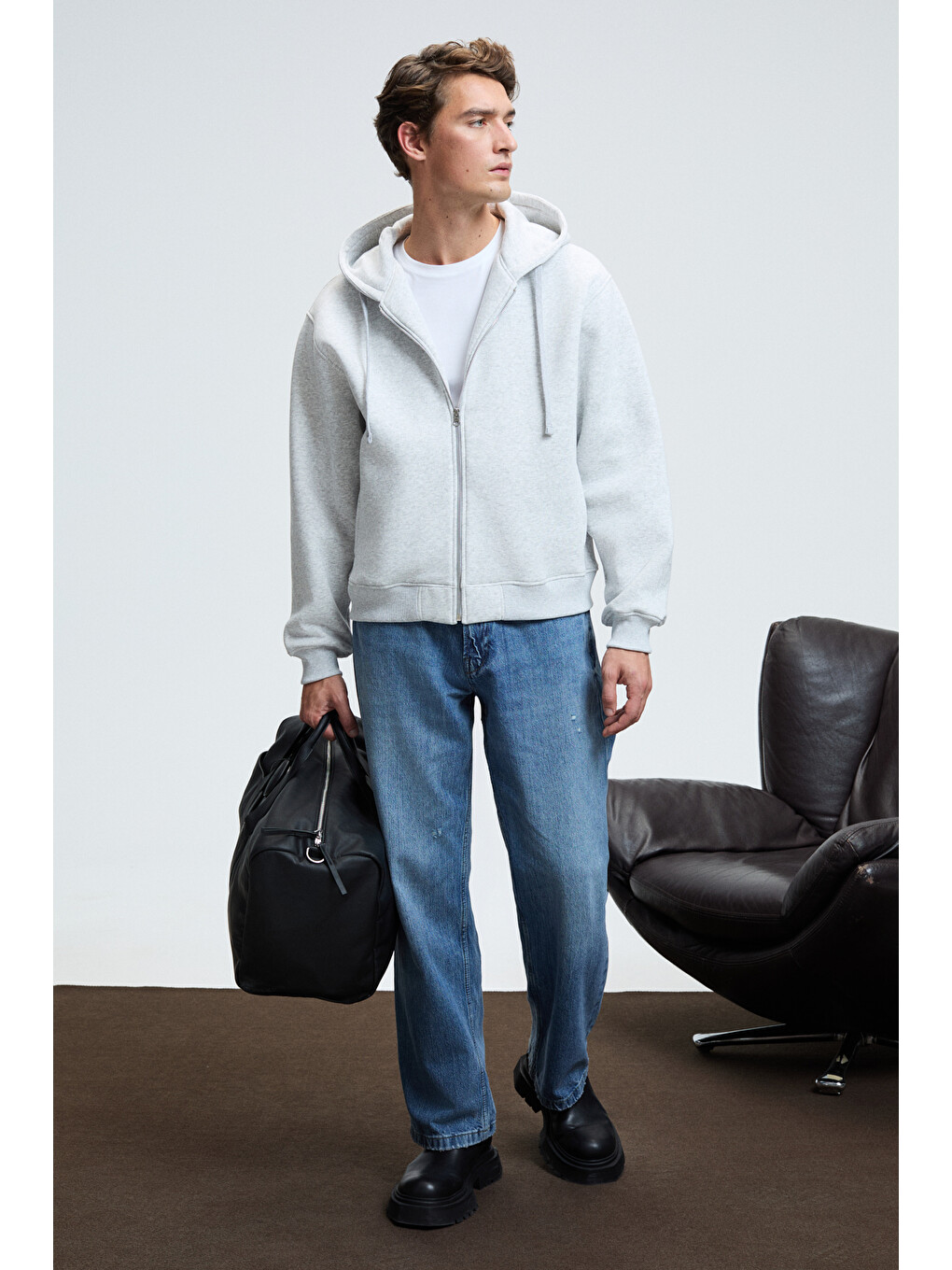 Ashby Erkek Kapüşonlu Fermuarlı Cepli Kordonlu Boxy Kalıp Gri Melanj Sweatshirt-2