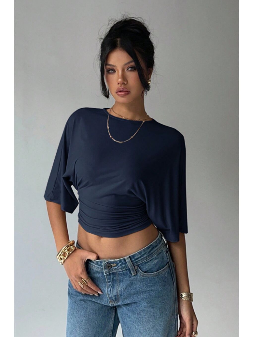 Lacivert Kadın Crop Bluz Yarım Kol Salaş Fit Yüksek Bel Büzgülü Basic Tişört-1