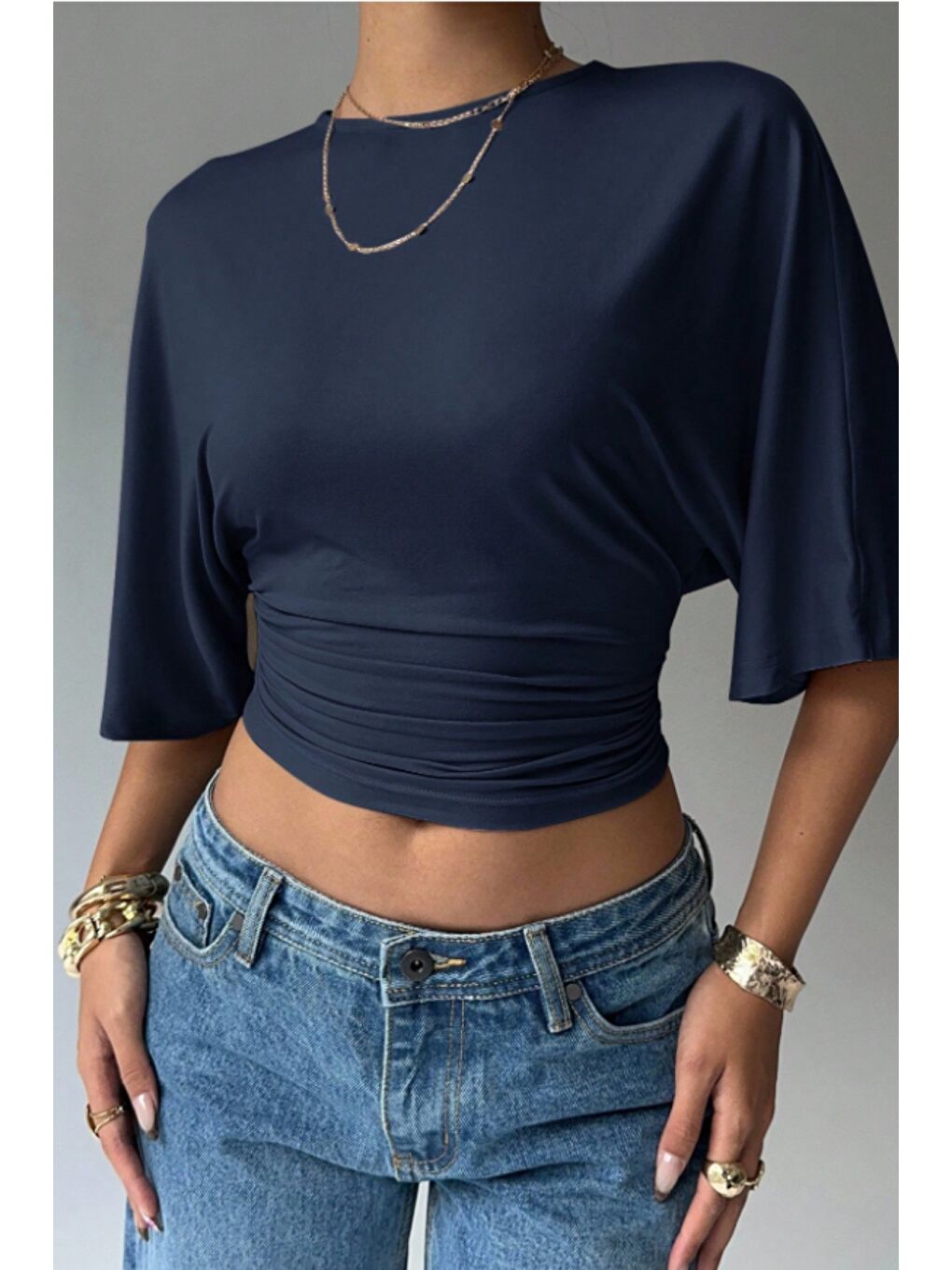 Lacivert Kadın Crop Bluz Yarım Kol Salaş Fit Yüksek Bel Büzgülü Basic Tişört-3