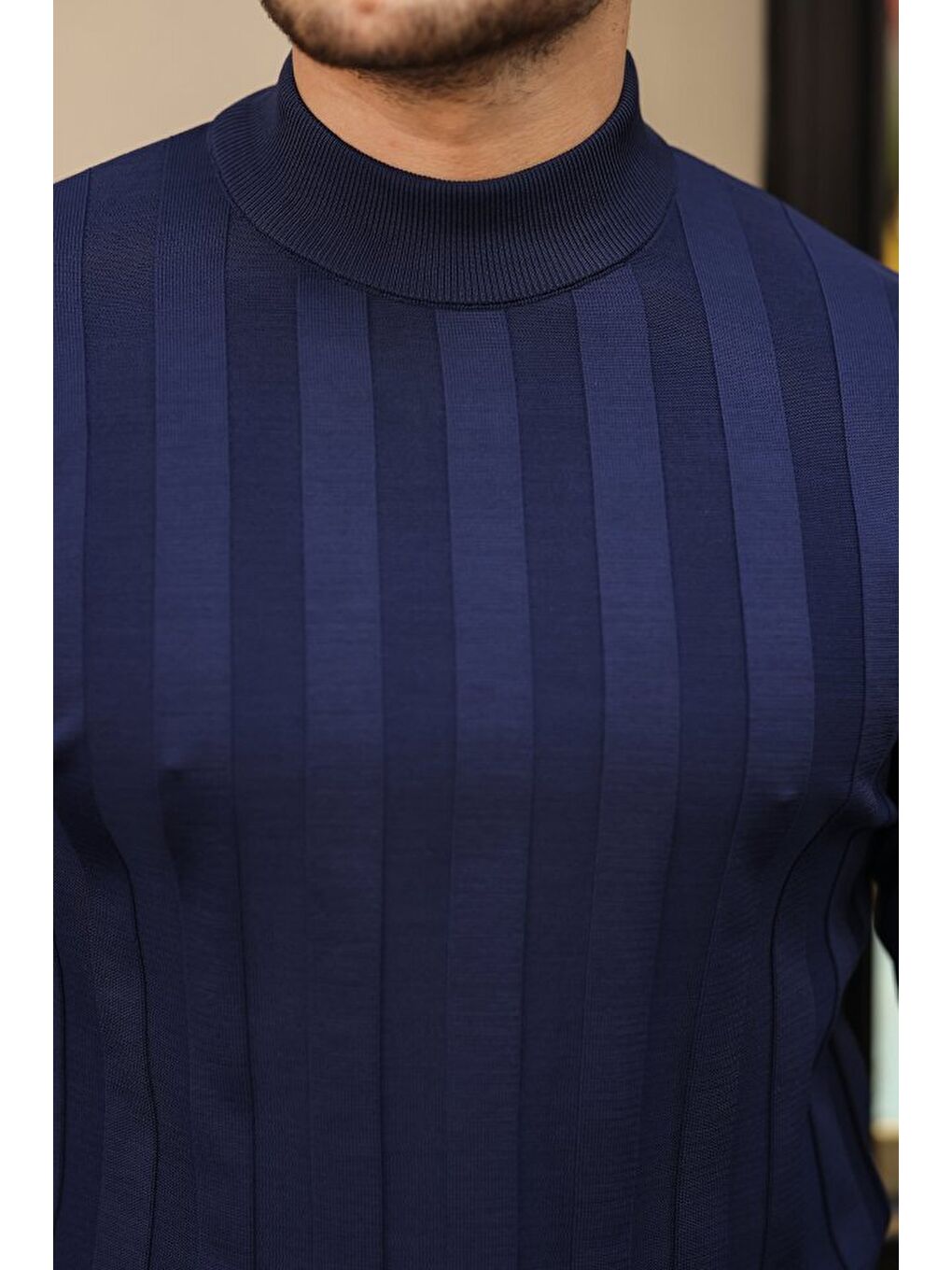 Lacivert Erkek Yarım Balıkçı Yaka Kabartma Desenli Triko-1