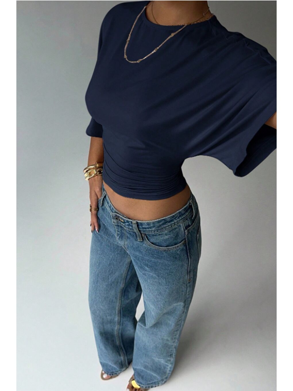 Lacivert Kadın Crop Bluz Yarım Kol Salaş Fit Yüksek Bel Büzgülü Basic Tişört-4