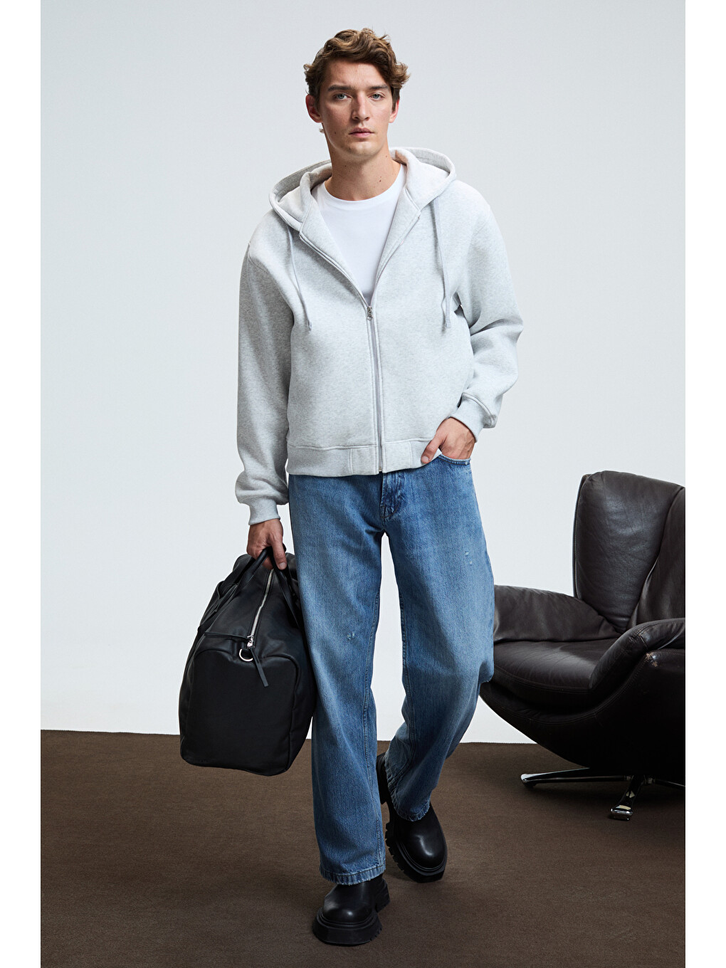 Ashby Erkek Kapüşonlu Fermuarlı Cepli Kordonlu Boxy Kalıp Gri Melanj Sweatshirt-3