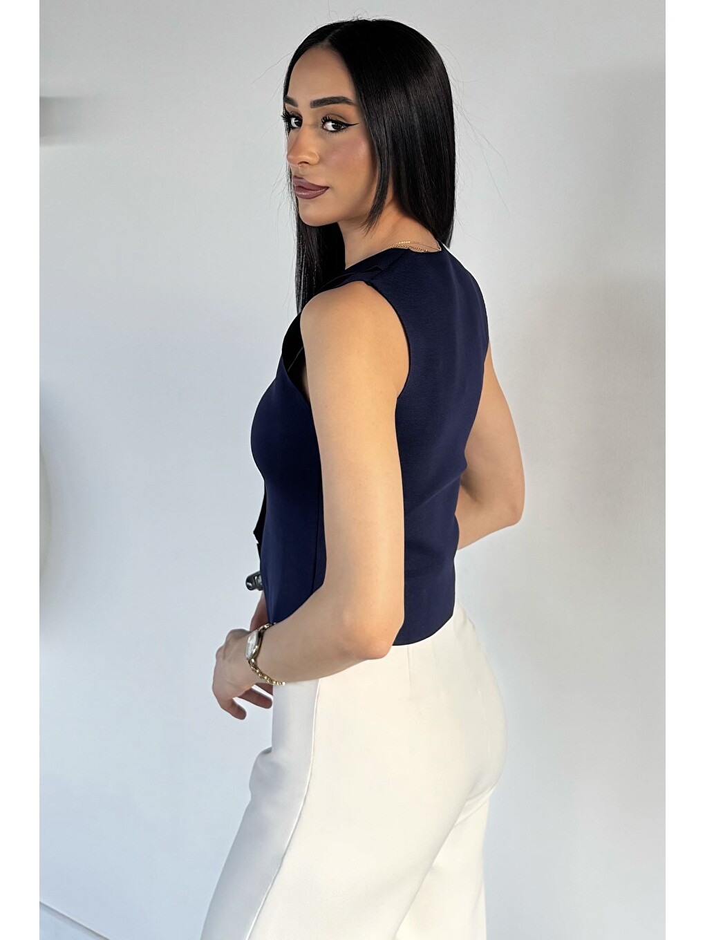Lacivert Kadın Triko Yelek-3