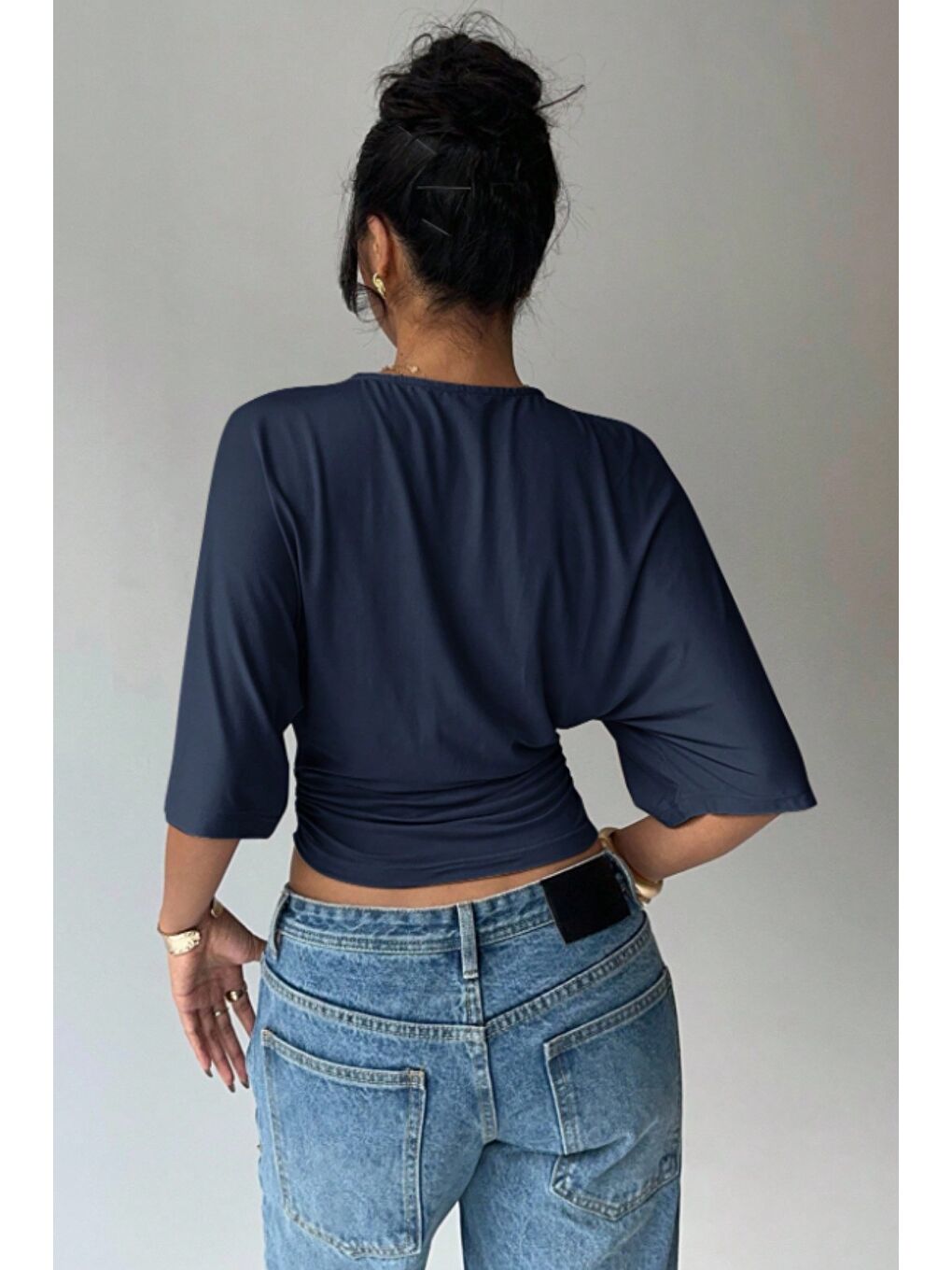 Lacivert Kadın Crop Bluz Yarım Kol Salaş Fit Yüksek Bel Büzgülü Basic Tişört-5