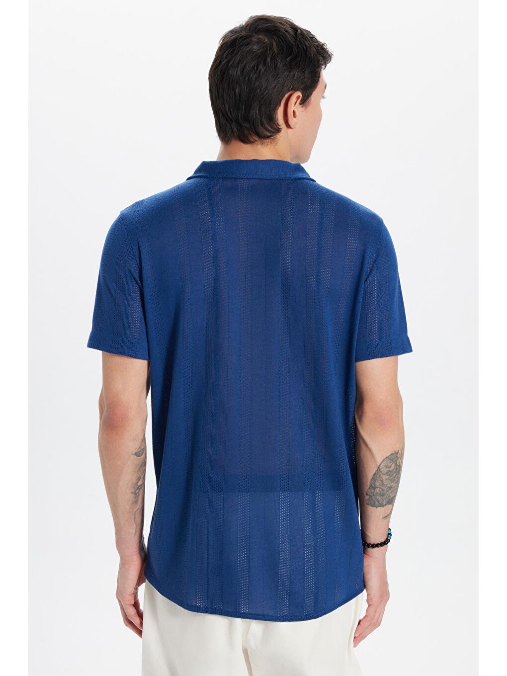 Erkek Slim Fit Örme Kumaş Apaş Yaka Rahat Kullanım Kısa Kol Lacivert Gömlek-4