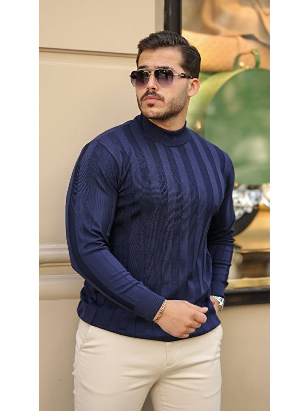 Lacivert Erkek Yarım Balıkçı Yaka Kabartma Desenli Triko-2