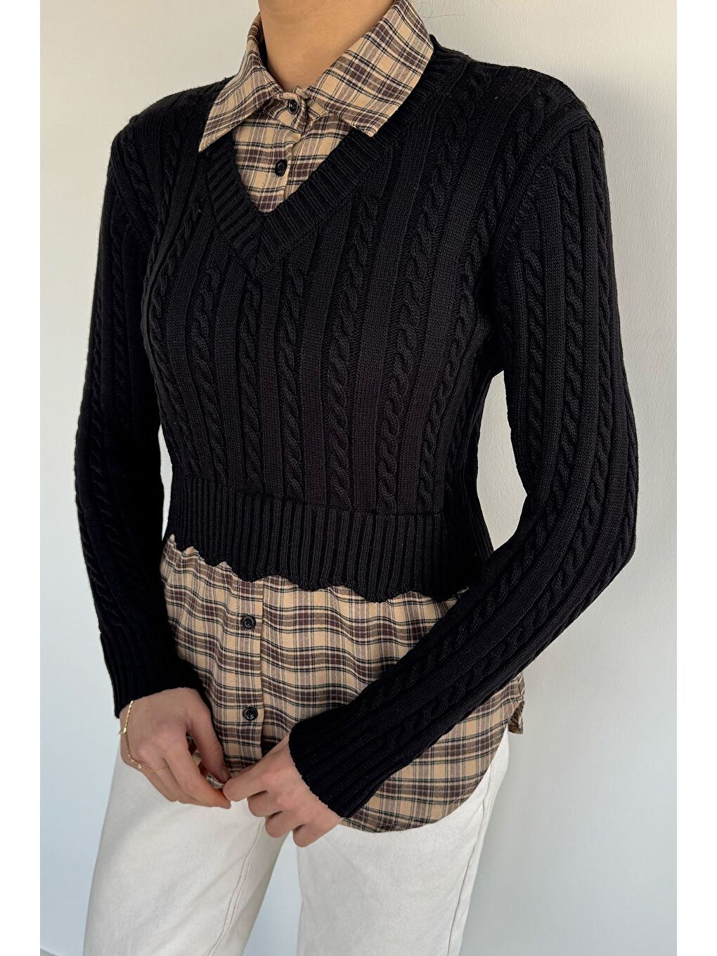 Siyah Kadın Gömlek Garnili Triko Bluz (s-m-l Beden Uyumludur.)-1